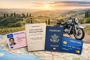 Quattro documenti di viaggio - patente di guida, permesso internazionale di guida, passaporto e carta di credito - sono appoggiati su una mappa dell'Italia, sullo sfondo una Royal Enfield Classic 350 nella campagna toscana al tramonto.